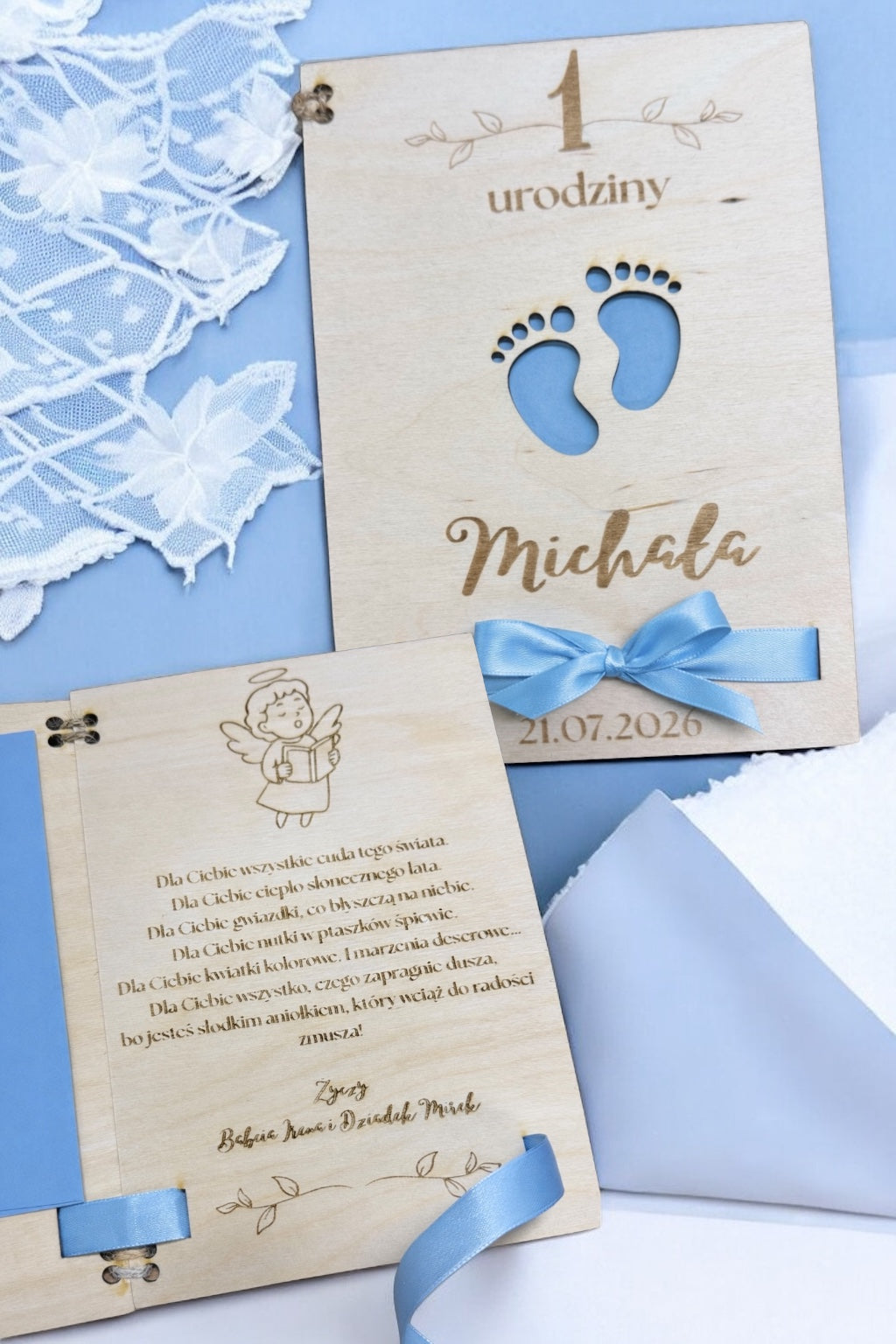 Personalizowana drewniana kartka na roczek dla chłopca