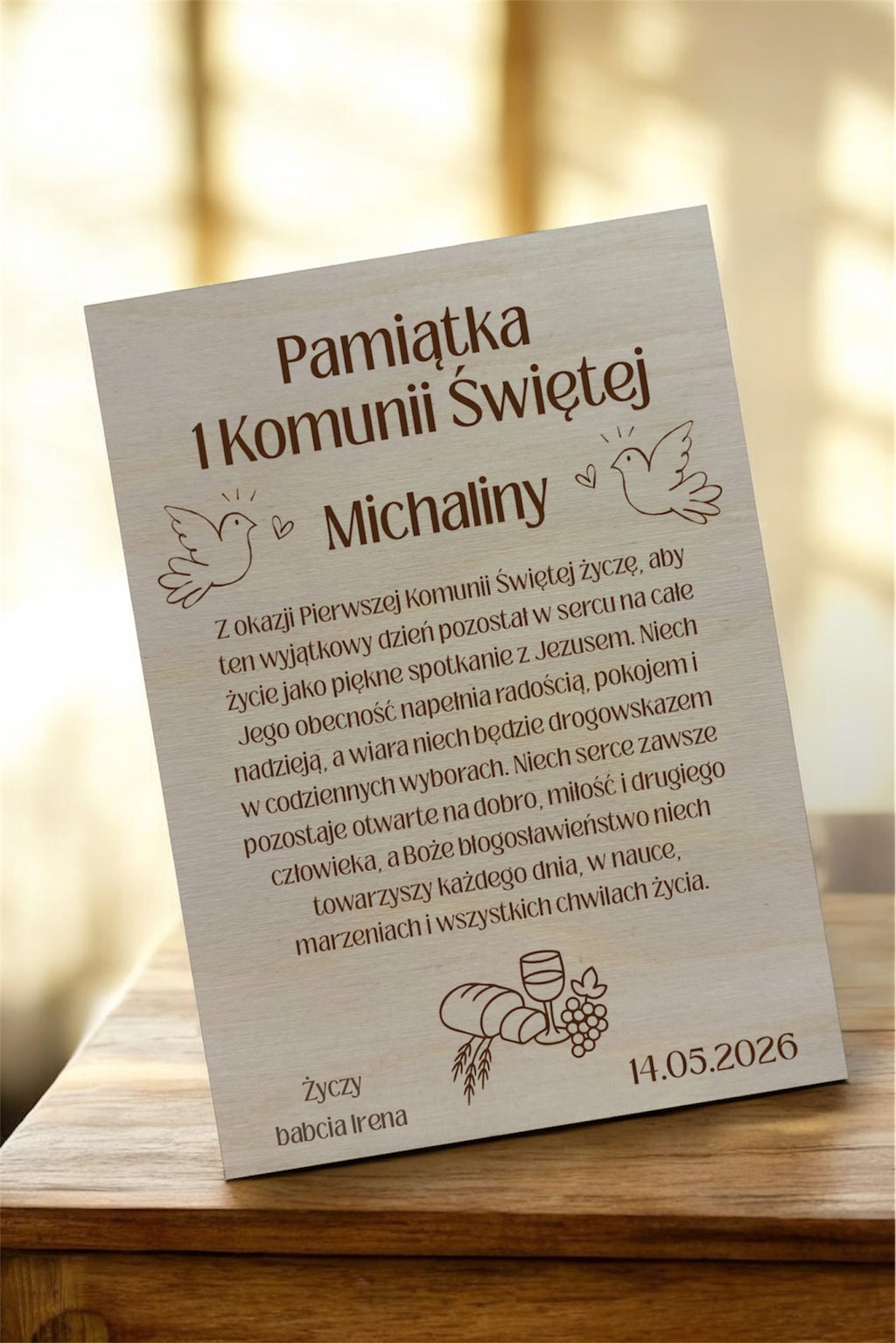 Personalizowana drewniana kartka – Pamiątka I Komunii Świętej